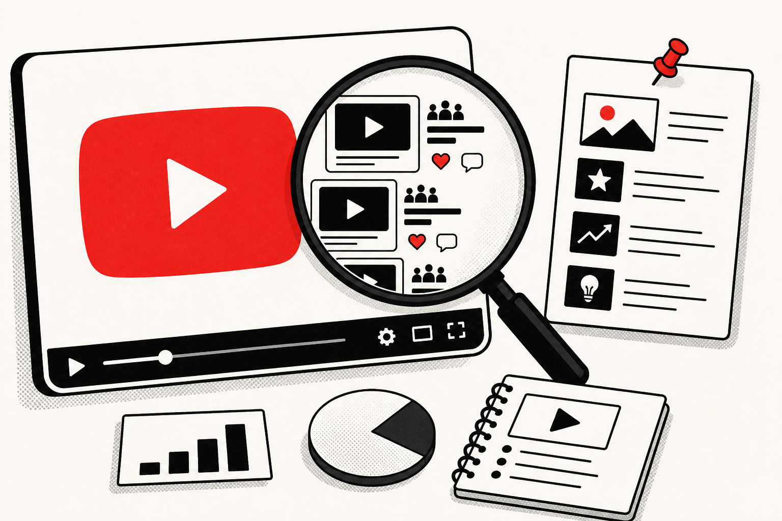Иллюстрация YouTube: видеоплеер, анализ контента через лупу и доска идей